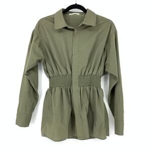 E Hyphen World Gallery Free Size Top Collar Button Up Long Sleeve Cinched Waist